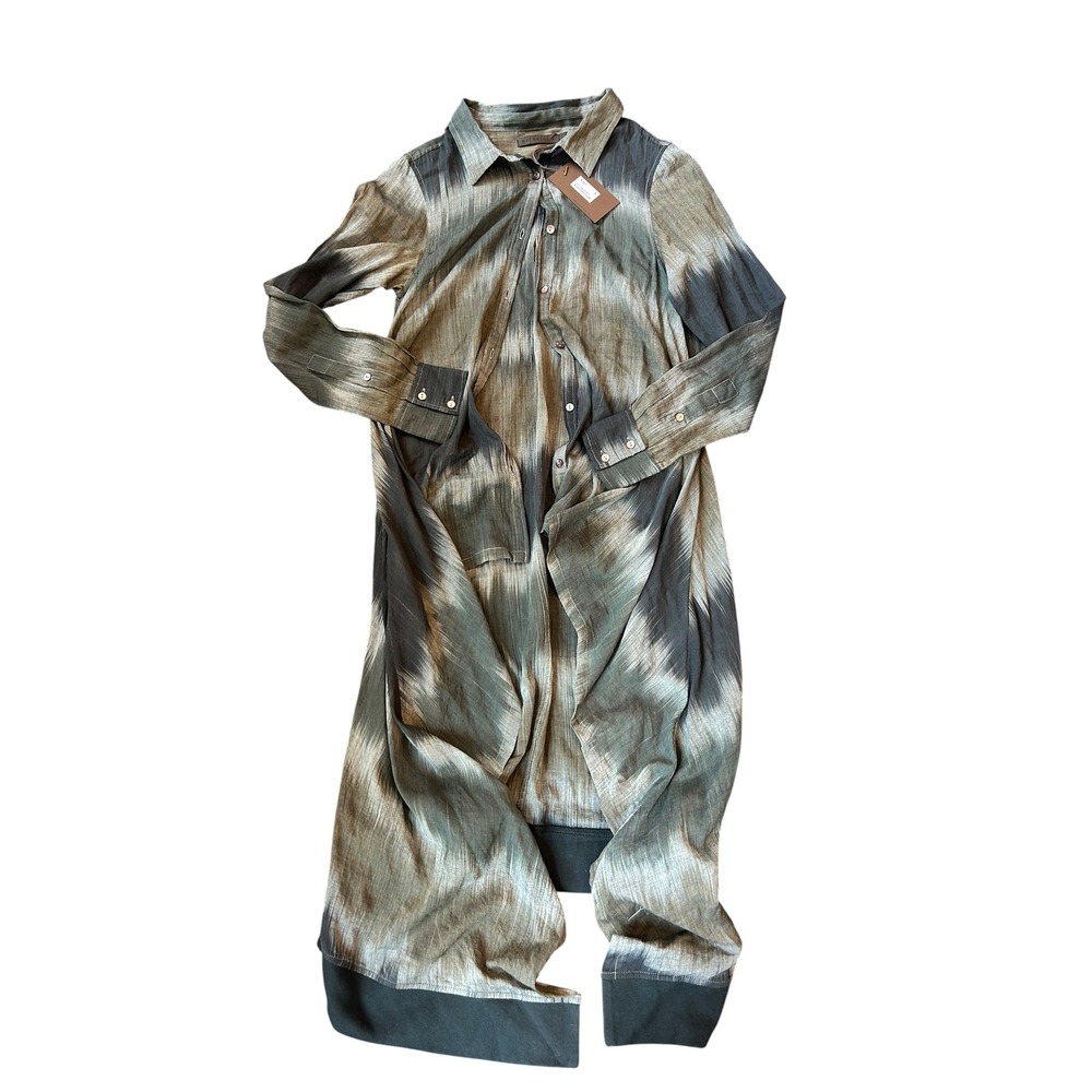 Nicholas K Katlin Shirt Dress Black Khaki Storm Print Long Sleeve Midi Small